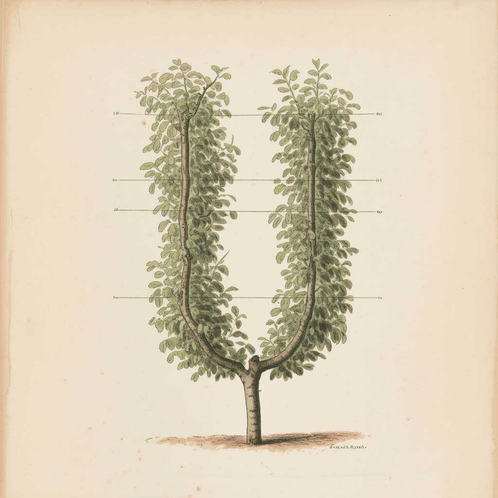 Illustration en planche botanique d'un poirier conduit en palmette en U